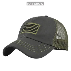 Detail of USA flag embroidery on tactical mesh baseball cap with high precision stitching