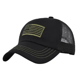 Detail of olive green American flag embroidery on black mesh trucker baseball hat