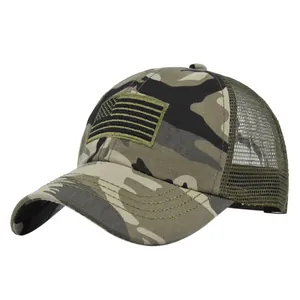 Camo tactical baseball cap with embroidered American flag patch and breathable mesh back
