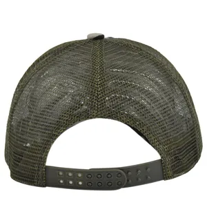 Rear view of army green mesh trucker hat featuring adjustable snapback closure