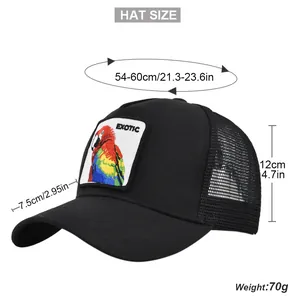 Size chart for black mesh trucker hat with exotic parrot embroidery and adjustable strap