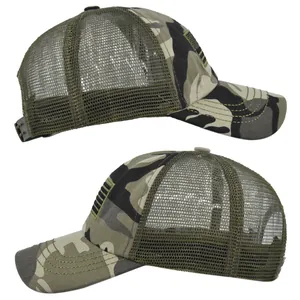 Detail of camouflage trucker hat with American flag patch and breathable mesh back