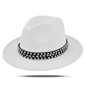 White wool felt fedora hat with elegant pearl and rhinestone hatband for women and men