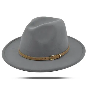 Klassieke donkergrijze wollen vilt fedora hoed met een lichtbruine leren riem voor volw