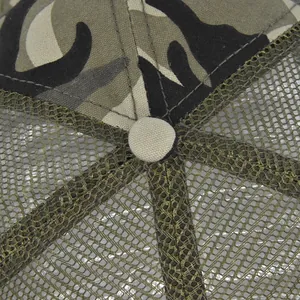 Detailed macro view of camouflage canvas stitching and breathable nylon mesh on a trucker hat