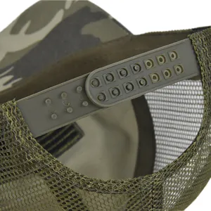 Detail of adjustable olive green snapback closure and breathable mesh on camo trucker hat