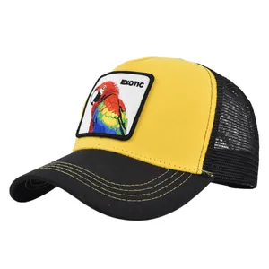 Close-up of parrot embroidery and EXOTIC patch on yellow mesh trucker hat
