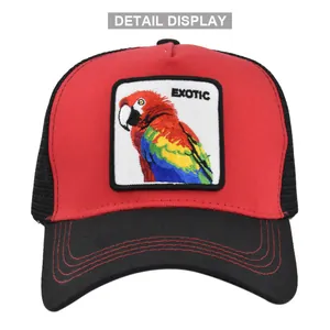 Detailed close-up of parrot embroidery patch on red and black mesh trucker hat