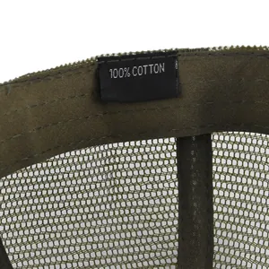 Detail view of cotton sweatband and breathable mesh on army green baseball cap