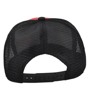 Detail view of the breathable mesh back and adjustable snapback closure on the trucker hat
