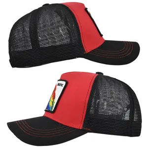Detail view of trucker hat featuring colorful parrot embroidery and exotic text