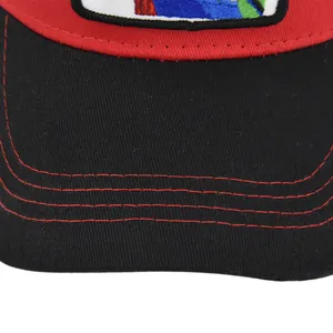 Macro shot of parrot embroidery baseball cap showing red stitching and mesh texture