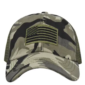 Camo US flag baseball cap with mesh back and embroidered patch on a white background