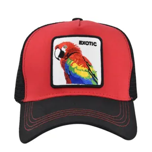 Red and black mesh trucker hat with a colorful parrot exotic embroidery patch
