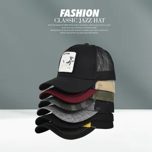 Vertical stack of assorted mesh trucker hats with embroidered deer animal patches