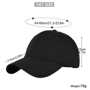 Size guide for black casual baseball cap showing dimensions and measurements