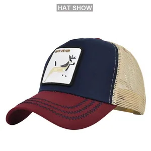Detail of deer patch embroidery and wave stitching on mesh trucker hat brim