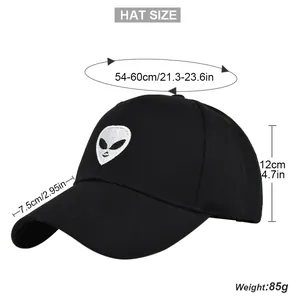 Detailed size chart for the black alien embroidery baseball cap showing all dimensions