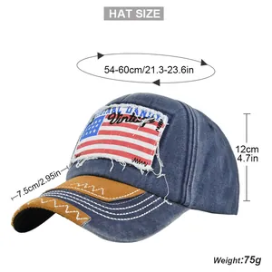 Vista dettagliata del cappellino vintage con patch bandiera USA e misure specifiche