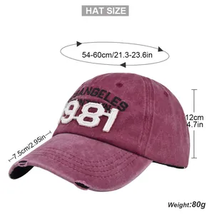 Detailed size guide for distressed 1981 embroidered baseball cap with measurements