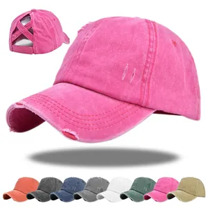 Casquette de Baseball en Coton Lavé Queue de Cheval Vieillie Criss Cross pour Femmes Vintage Chapeau de Soleil Réglable Extérieur