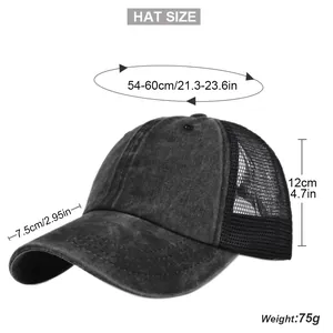 Detailed size chart showing dimensions for a gray mesh ponytail trucker sun hat