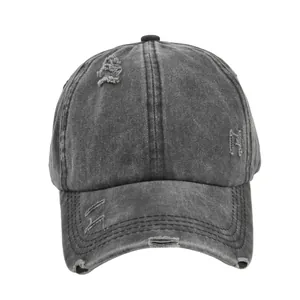 Casquette vintage délavée grise pour queue de cheval avec détails déchirés et usés