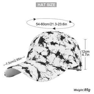Size guide for the tie-dye baseball cap showing dimensions 54-60cm circumference