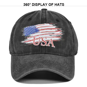 Detailed view of the washed black cotton baseball cap with USA flag print and texture