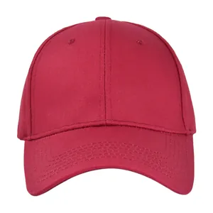 Close-up of red cotton twill baseball cap showing reinforced stitching and eyelets