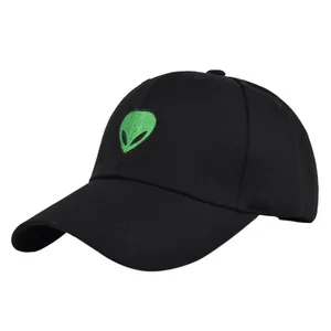 Black baseball cap featuring a green alien embroidery with a classic curved brim