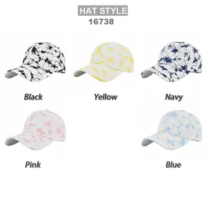 Five assorted tie-dye graffiti baseball caps in black, yellow, navy, pink and blue