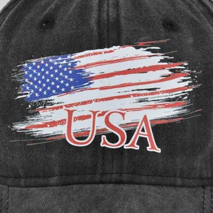 Vintage washed black cotton baseball cap with USA embroidery and American flag