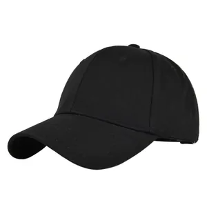Detail view of a black cotton baseball cap with classic six-panel design and curved brim
