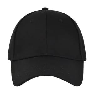 Detailed close-up of a 6-panel black cotton twill baseball cap with reinforced stitched brim