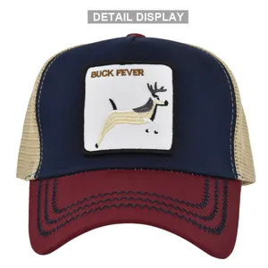 Detail display of deer embroidery patch on a mesh trucker hat with three-color panel design