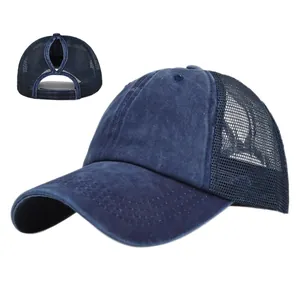 Dark blue ponytail mesh baseball cap with washed cotton texture and adjustable back