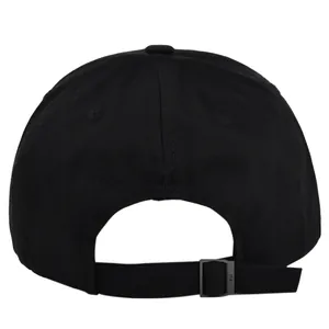 Detail of adjustable metal buckle and black twill fabric on the back of baseball cap