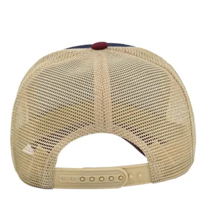 Detail of breathable mesh back and adjustable snapback closure on the trucker hat