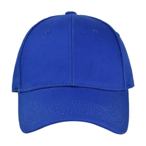 Front view of a solid royal blue six-panel cotton baseball cap with reinforced curved brim
