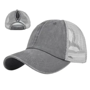 Detail view of washed cotton mesh ponytail hat with high opening for hair in dark grey