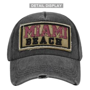 Vintage donkergrijze MIAMI BEACH honkbalpet met geborduurde patch en versleten rand detail