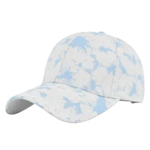 Blue and white tie-dye cotton baseball cap with curved brim from a 45-degree angle