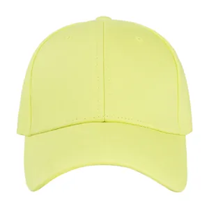 Detailed close-up of a 6-panel neon yellow cotton baseball cap with ventilation eyelets