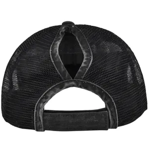 Detail of black ponytail mesh hat featuring a water-drop opening and adjustable velcro strap