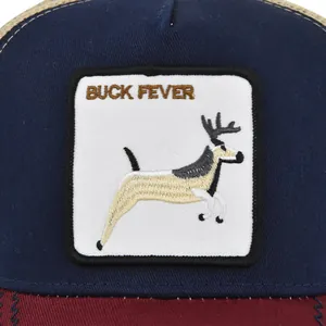 Buck Fever deer embroidery mesh trucker hat with navy blue crown and burgundy brim