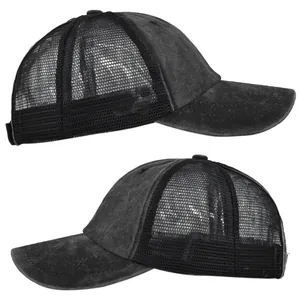 Detail view of washed cotton baseball cap with breathable mesh back and pony tail hole