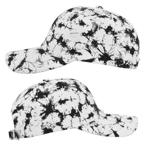 Detail view of the black and white tie-dye baseball cap showing the adjustable metal buckle
