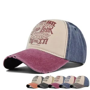 American Retro Distressed Baseball Cap For Women Men Route 66 Letter Print Patchwork Washed Cotton Adjustable Sun Hat