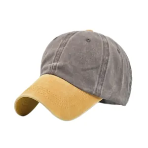 Détail d'une casquette vintage délavée avec visière jaune et coton gris de haute qualité